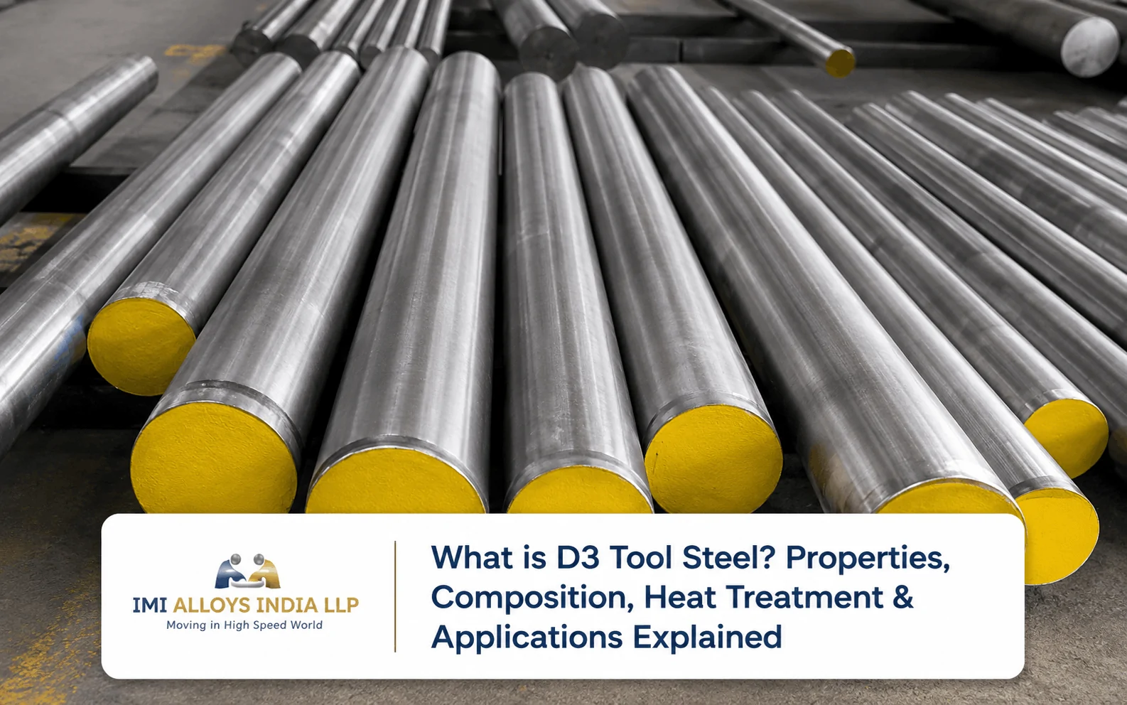 High-quality D3 tool steel round bars with yellow-painted ends stacked in an industrial warehouse, showcasing precision-finished bars used for dies, cutting tools, punches, and wear-resistant manufacturing applications.